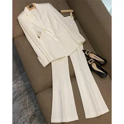 Set di pantaloni da donna di perle di lusso set di 2 pezzi di risvolto di picco bianco bottone singolo indossare abiti da donna eleganti per feste di matrimonio