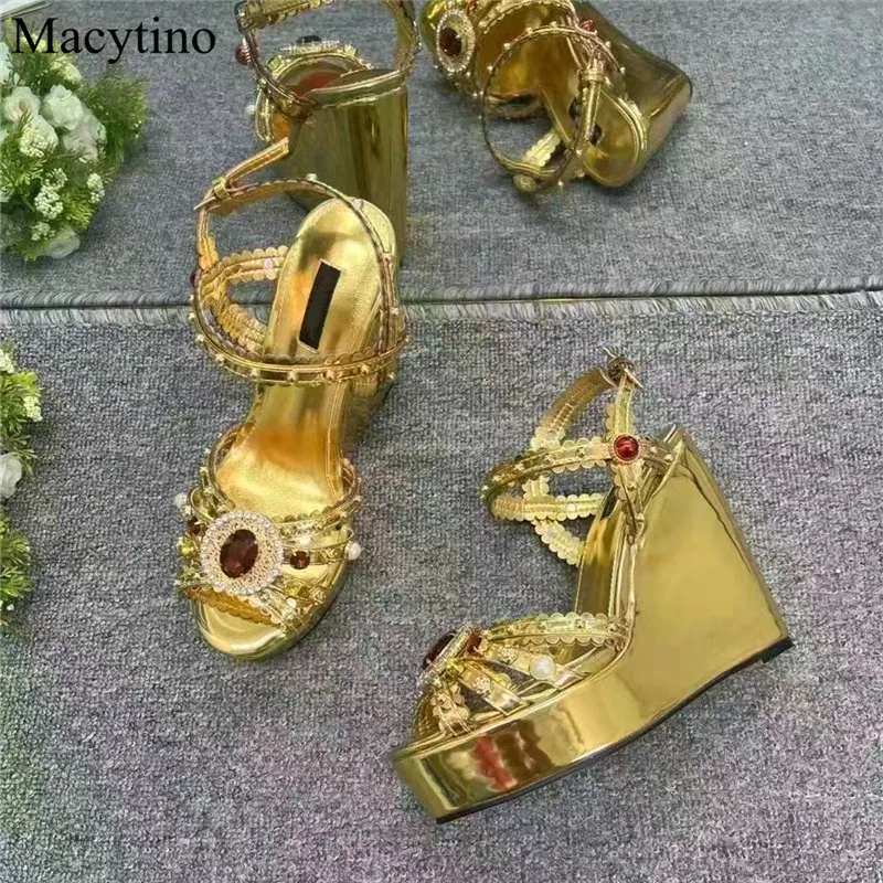 Wedge Heel Design Ladies Sandals Round Toe Gemstone Rhinestone Decorative Heightening Sandals Fashion Party Sandals