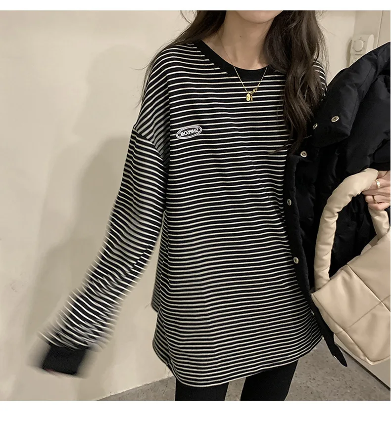 Damen Herbst T-Shirt Winter Studenten-Sweatshirt Gestreiftes Langarm-Oberteil mit Normalen Schultern Neues Rundhals-Langarm-Sweatshirt – Detail 20