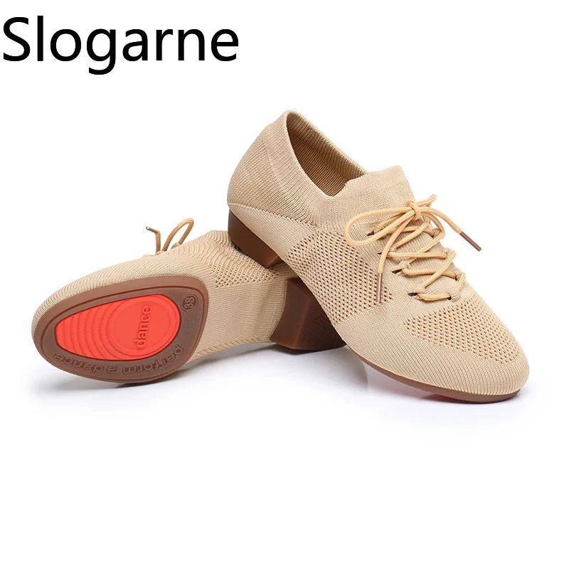 Women Hollow Dance Shoes Lady Knitted Teacher Soft Sole 2CM Heels Latin Training Shoes Ballet Dance Shoes Jazz Ballroom Sneakers