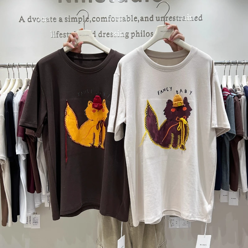 

Cartoon Cat Embroidery Large Print Short Sleeves T-shirt Ladies 2025 Early Autumn Casual Loose Versatile Pullover Top Pullovers