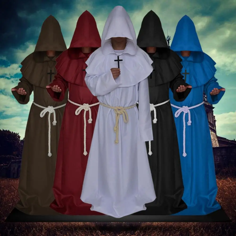 Priest Cloak Friar Medieval Hooded Robe Monk Renaissance Priest Costume Halloween Wizard Sorcerer Cosplay Cloak for Adults