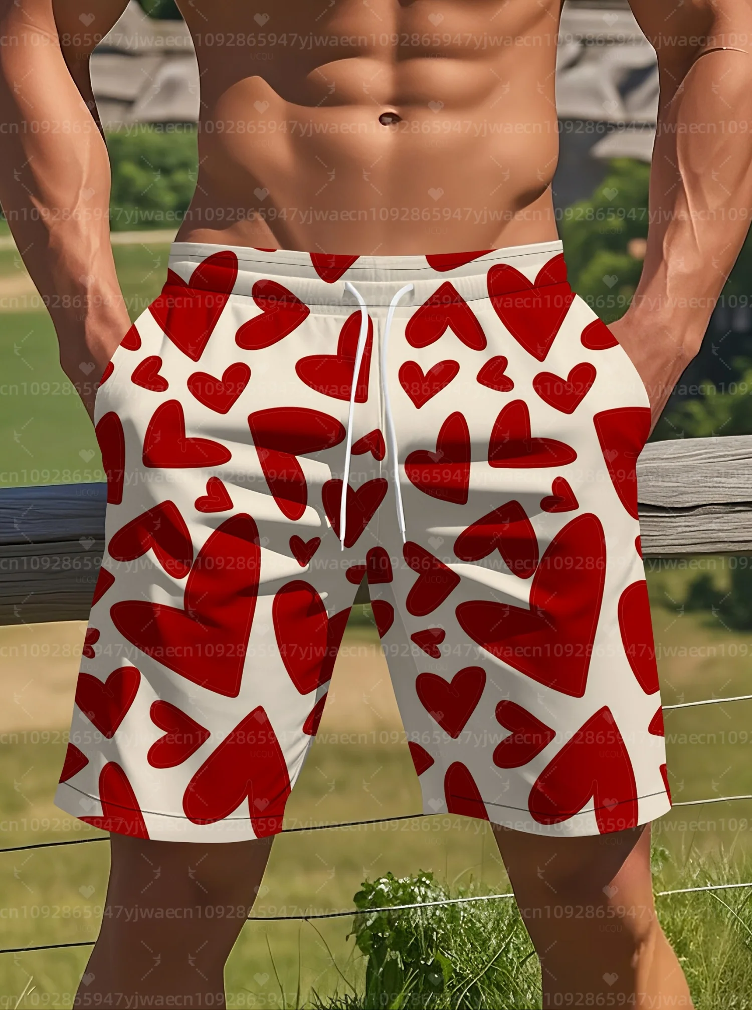 

2026 Summer Men beach Board Shorts red heart print Swim Trunks Drawstring Elastic Quick Dry Hawaiian Beach Shorts men clothin