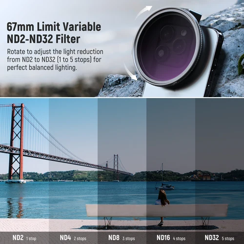 Imagen 2 del producto NEEWER Kit de filtro de lente de teléfono de ND2-ND32 Variable con Clip de 67mm, Clip para teléfono con anillo adaptador roscado/zapata fría/perilla de bloqueo