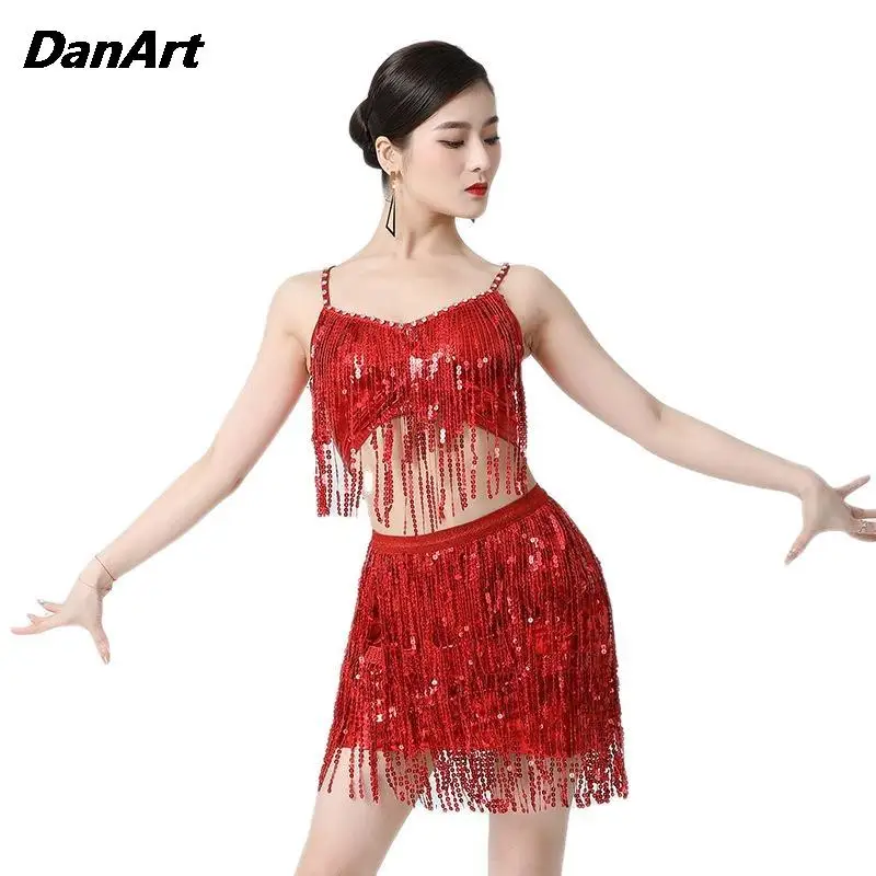 

Belly Dance Stage Performance Stage Costume Set Jazz Dance Sequin Competition Suit Pole Dance Sexy Tassel Tops+Skirt Clothing