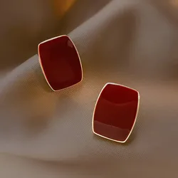 Wine Red Enamel Oil Square Stud Earrings for Women Golden Color Geometry Simple Classic Metal Earrings Party Jewelry Gift