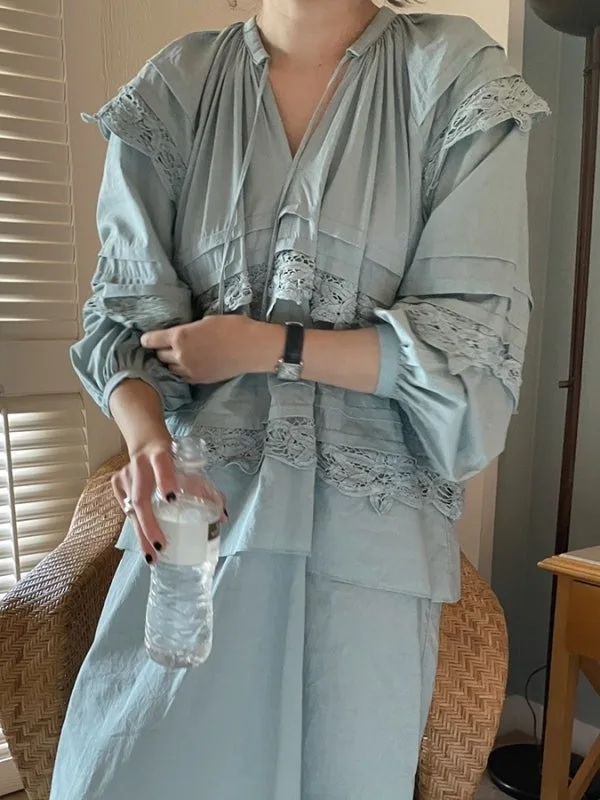 

Lace Patchwork Lantern Sve Dr Women's Dstring Loose Lazy Sle Slimming Sweet Anti-Aging Straight Long Dr