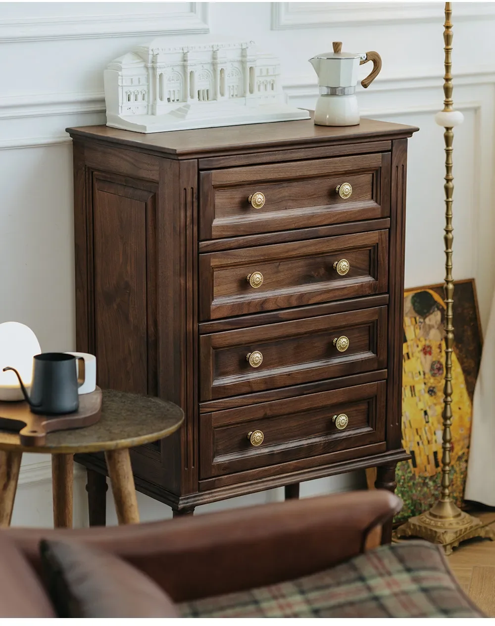 Black walnut solid wood four chest chest bedroom retro chest storage lockerTJ