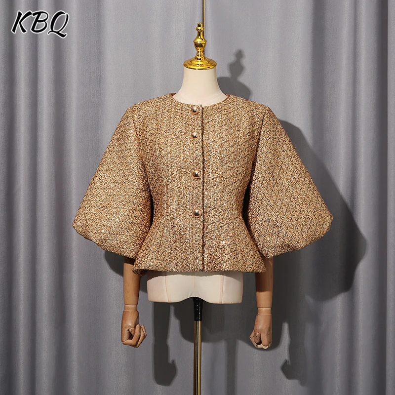 

KBQ Solid Temperament Tunic Jacktes for Women Round Neck Lantern Sleeve Tunic Patchwork Button Jacket Female Fashion Style New