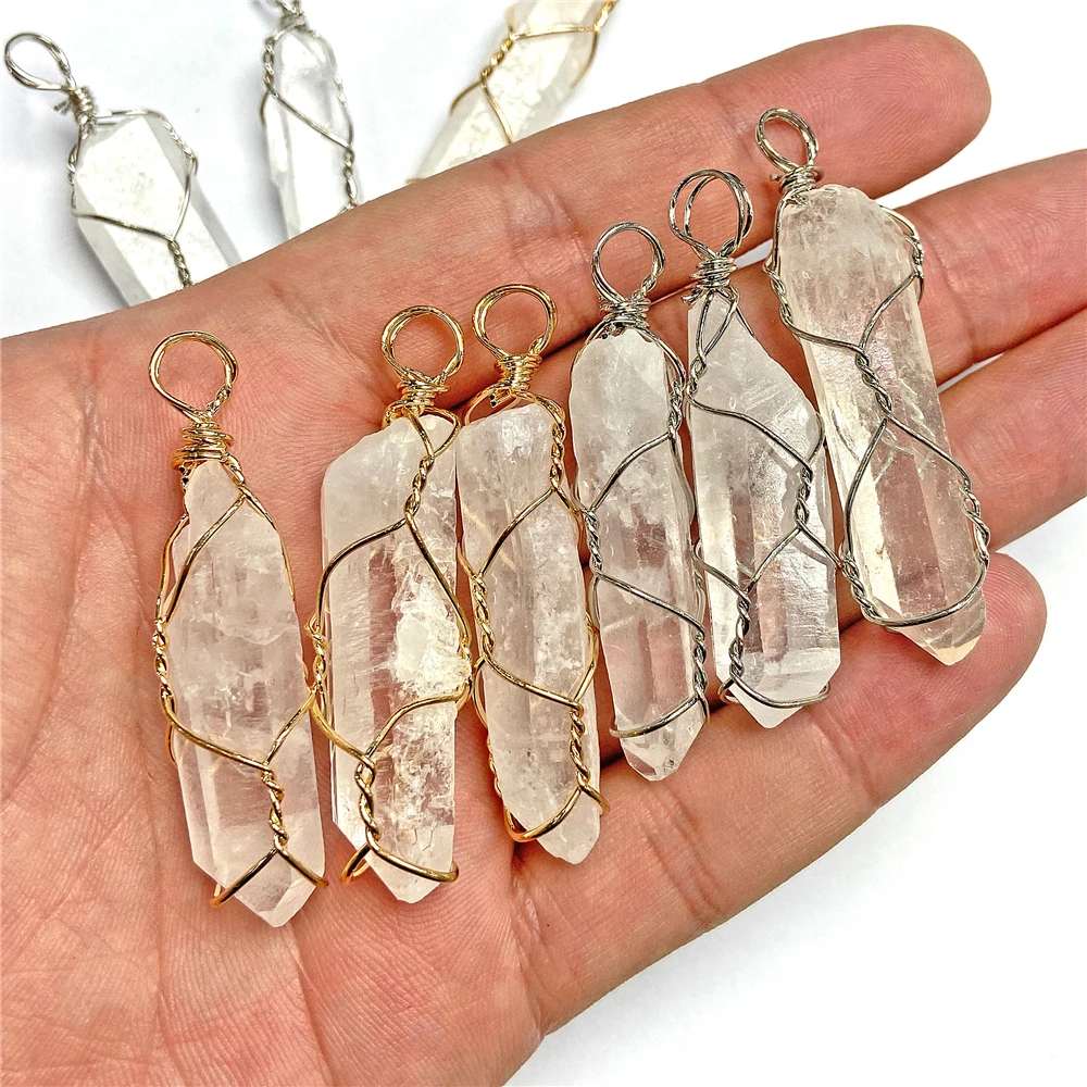 10x50mm Natural Stone Clear Crystals Pendants Fashion Winding Quartzs Pendant Reiki Wire Healing Charms for DIY Accessories 2Pcs