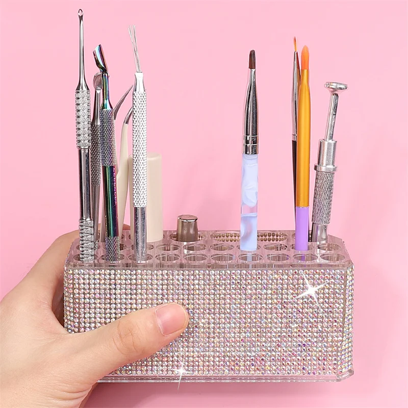26 ثقوب فرش الأظافر صندوق تخزين حجر الراين الماس الاكريليك أدوات الأظافر حامل منظم مسمار فُرش رسم تخزين عرض الرف
