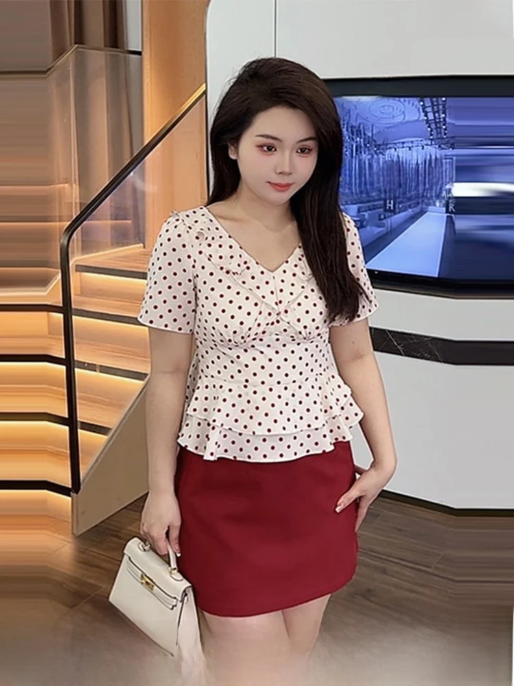 

Summer Vintage Slimming V-Ne Polka Dot ort Sve irt f Skirt plus Size Women's Set Sweet Sle High Waist A-Line Skirt