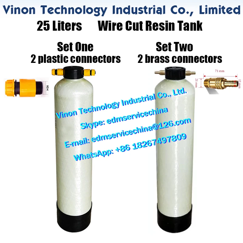 25 Liters WEDM Resin Tank with two plastic connectors, resin container exchangeable deionising cartriges for Sodic k Mit subishi