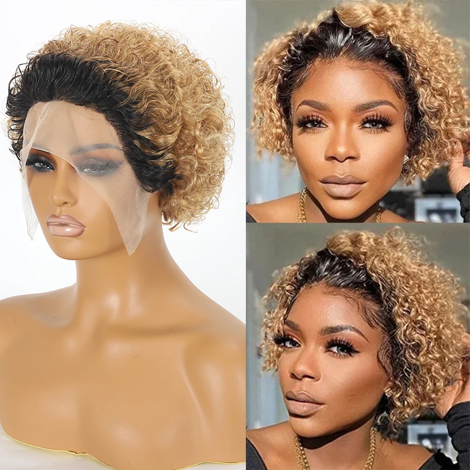 Curly Pixie Cut Wig Lace Human Hair Wig Water Wave Short Bob Wig 13X1 Transparent Lace Wig Wig Ombre Burgundy