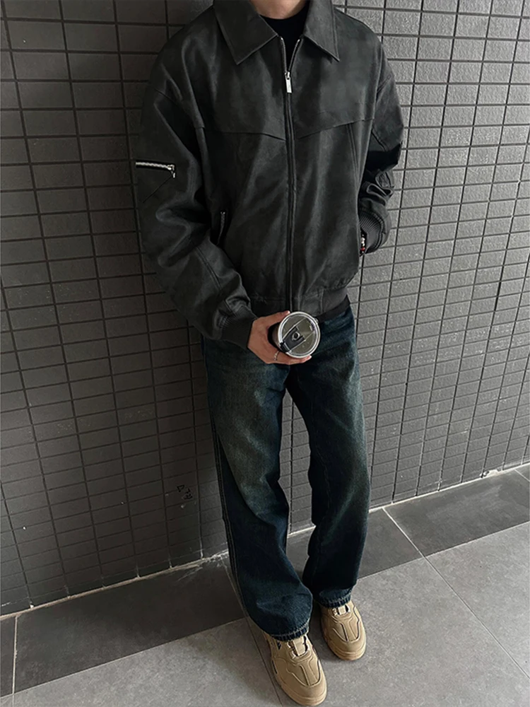 

Cleanfit ort Men's Leather Jaet Pilot Sle American High Street Baseball Coat Zipper Decoration Iron-Free Stand Fit