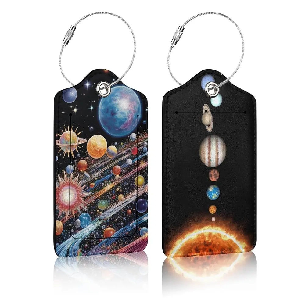 

2 Pack Luggage Tag for Suitcases, Galaxy Space Planet PU Leather Luggage Tag with Privacy Cover ID Label for Women Men Travel
