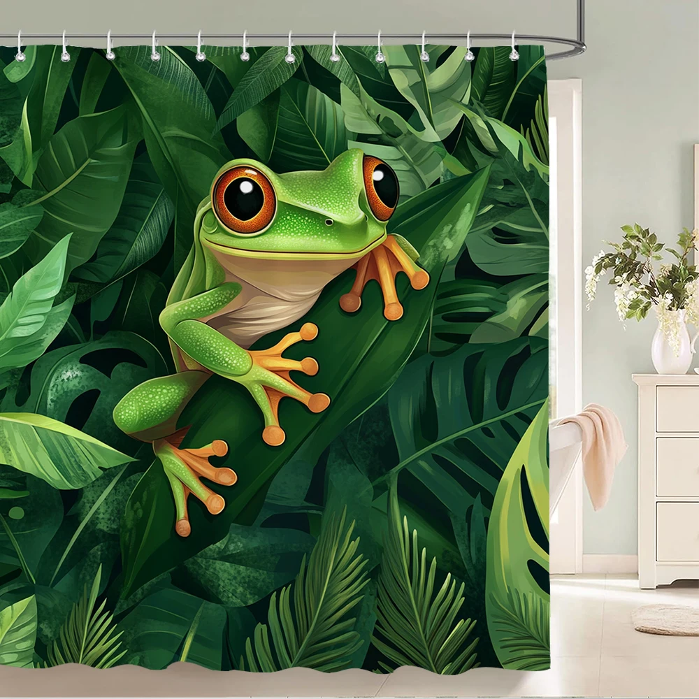 Funny Frog Floral Shower Curtain Mushroom Flower Plant Tropical Jungle Rainforest Animal Green Leaves Bathroom Decor with Hooks