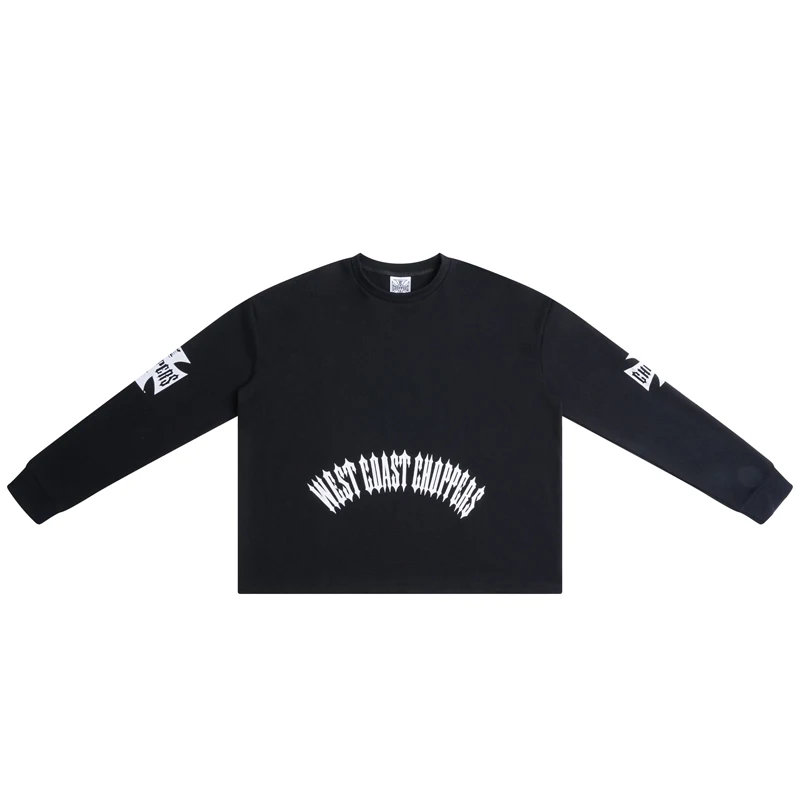 High Quality Men Black Long Sleeve West Coast T‑Shirt Iron Cross Graphic Print Gothic Letter Oversized Tee