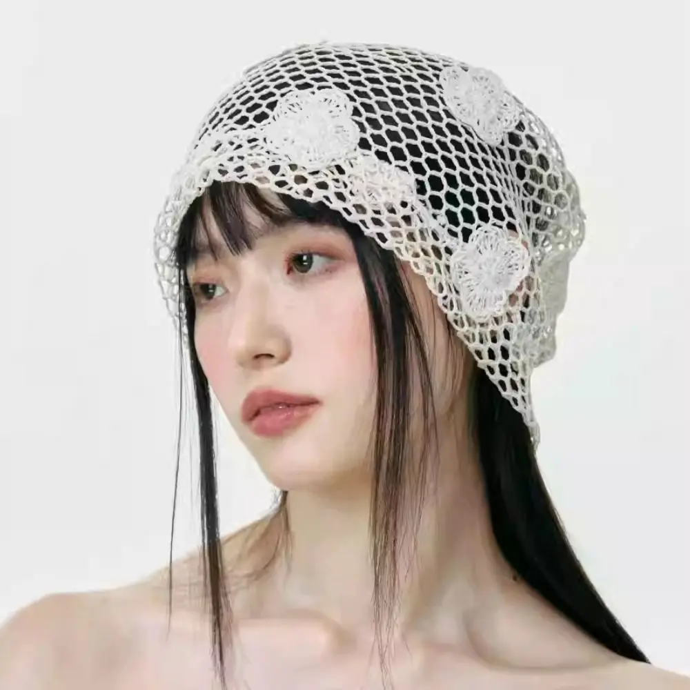 

Retro Handmade Crochet Flower Hat Hollow Out Thin Lace Beanies Hat Korean Cute Weave Cap Girls