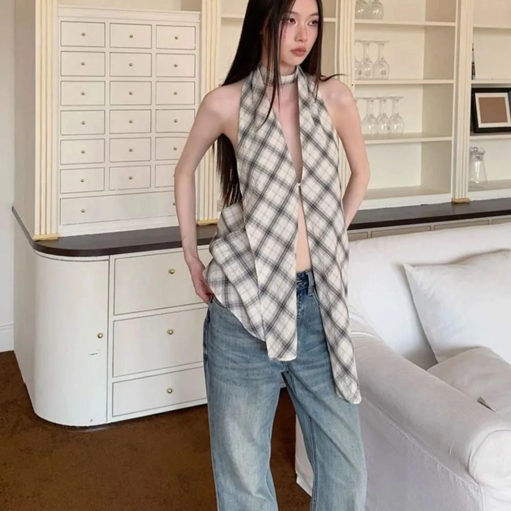 韓国スタイルグリッドホルターノースリーブキャミソールスプリットスイートスリムクロップトップススパイシーガール不規則なサスペンダーベスト旅行