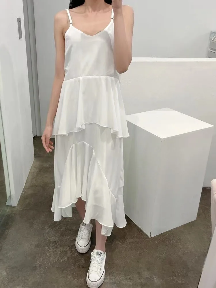 E verão com decote em v emenda dupla camada de renda underlay chiffon cinta vestido moda fena frou frou saia vestido