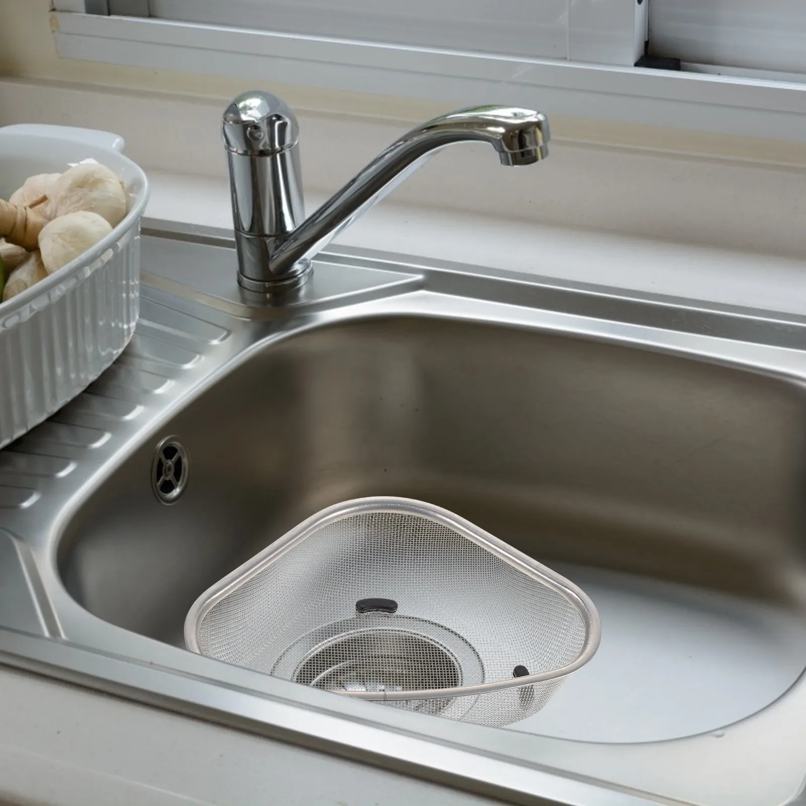 

Stainless Steel Sink Drain Basket Corner Triangle Strainer for Kitchen Draining Filtering and Organizing Drain Basket
