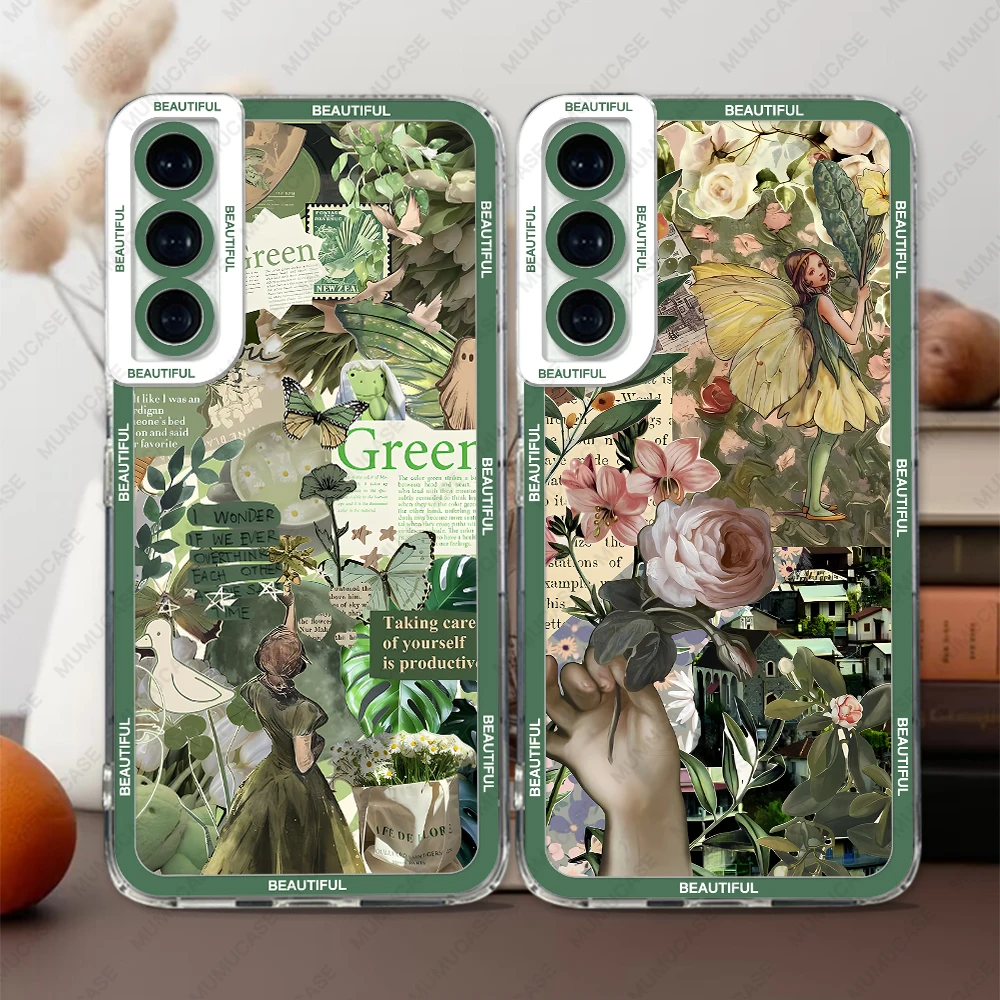 Etui na telefon Samsung Galaxy S20 S21 S22 S23 S24 FE Plus Ultra A54 A53 A52 A34 5G TPU Soft Cover Zielone naklejki retro