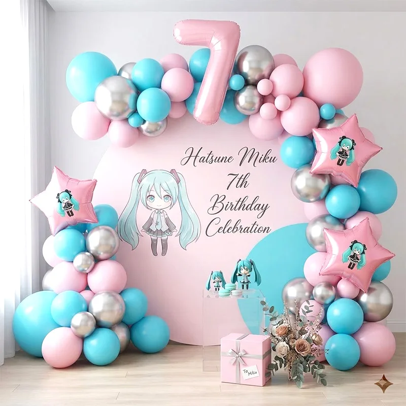 Hatsune Miku Virtuelle Sängerin Ballonbogen-Girlanden-Set, Türkis-Schwarz Gemischte Ballons für Fans Geburtstagsparty Fotowand-Dekorationszubehör