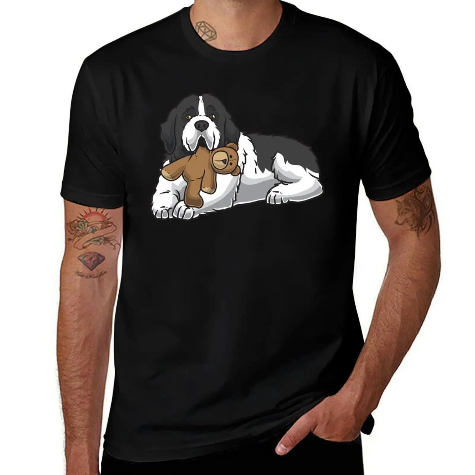 

Landseer Dog With Stuffed Animal And Hearts T-Shirt funny t shirts cotton man t shirt designer T-shirt