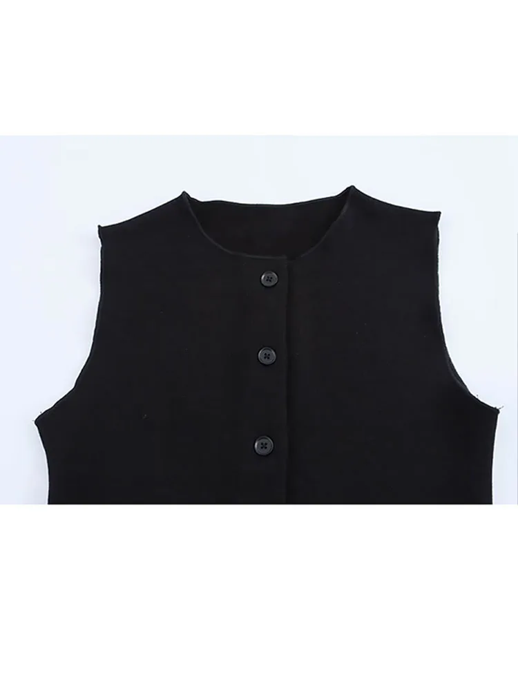 HH Pantaloni estivi da donna Abito O-Collo monopetto Decorazione senza maniche Gilet solido Top + Elegante gamba svasata elasticizzata Mujer