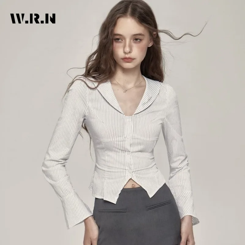 

Hotsweet Style V-neck Long Sleeve Crop Top Coquette Blouses Women's Casual Gyaru Fashion Striped Sheath 2000S Kpop Shirts