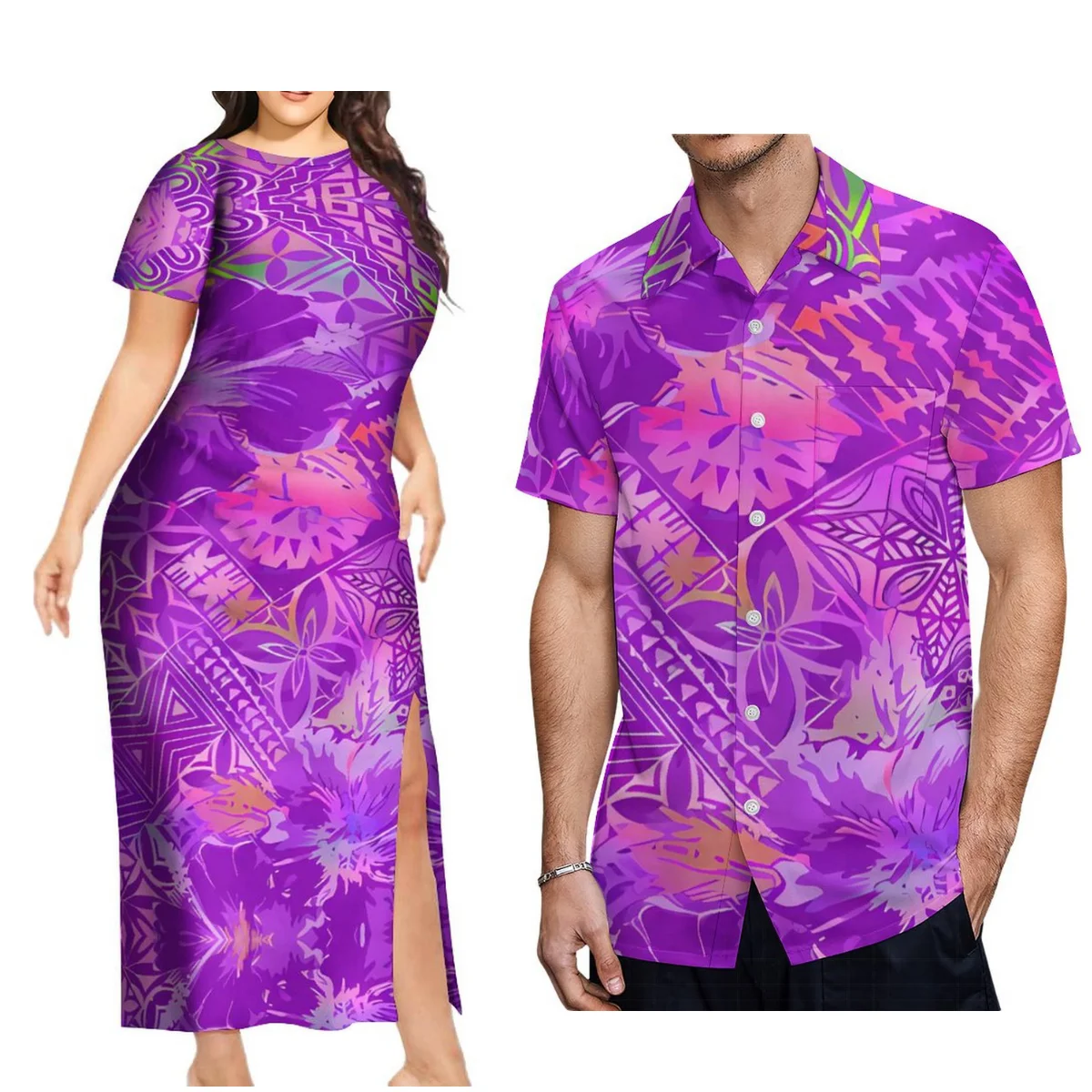 Newly Designed Polynesian Crew Neck Dress Custom Samoan Dress With Men'S Button-Down Shirt Plus-Size Couple Suit