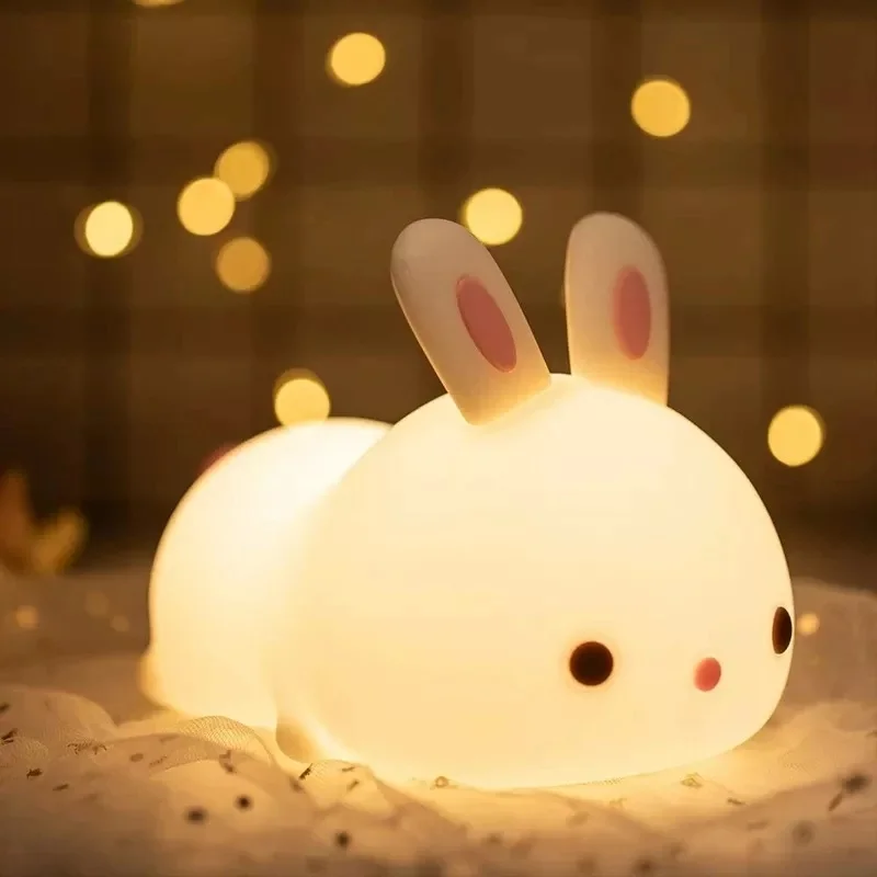 

Novelty Gift Soft Silicone Rabbit Nightlight Timing Rechargeable Bedside Lamp Portable Colorful Atmosphere LED Light Holiday