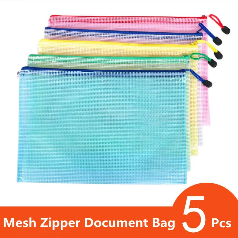 

5pcs A4/A5/A6 Mesh Zipper Pouch Document Bag Waterproof Zip File Folders School Office Supplies Pencil Case Storage Bags