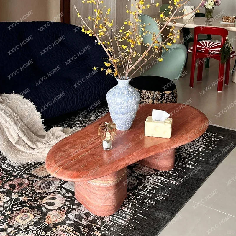 

H Natural red travertine living room coffee table marble small tea table designer creative luxury stone low table
