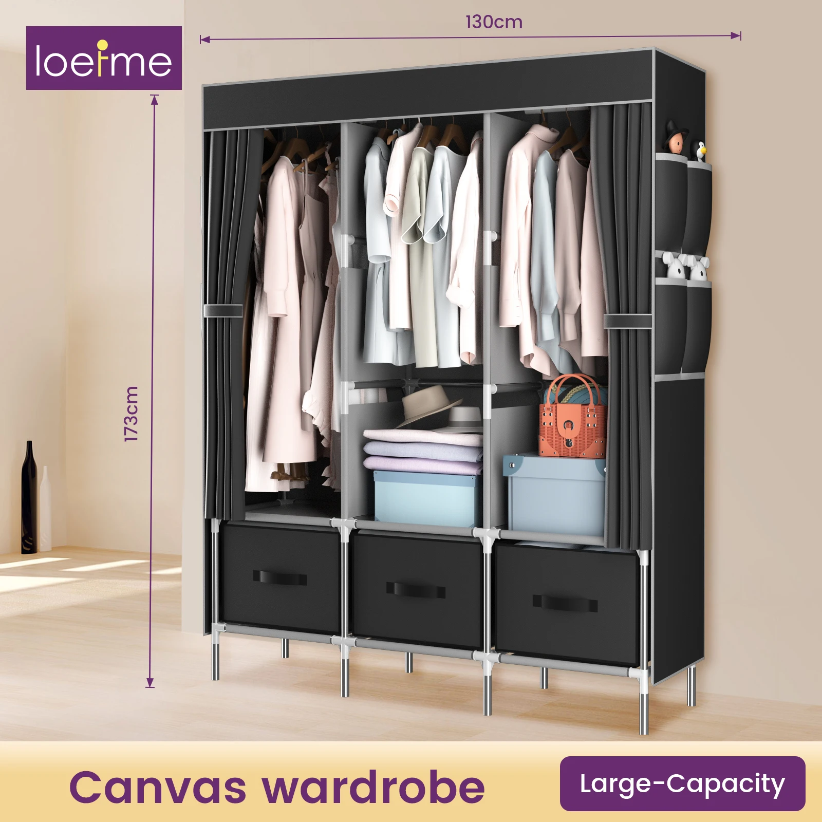 Canvas Wardrobe, Portable wardrobe Pop up wardrobe, Versatile Fabric Wardrobe with 3 Storage areas and 3 Hanging Rail、8 Side Bag