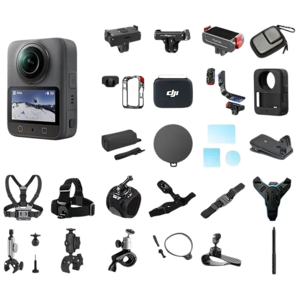 Zestaw akcesoriów do DJI Osmo 360: Szkło hartowane, metalowa klatka, uchwyt samochodowy na szybę, przenośny pojemnik, adapter szybkiego montażu. — Zdjęcie 2 z 2