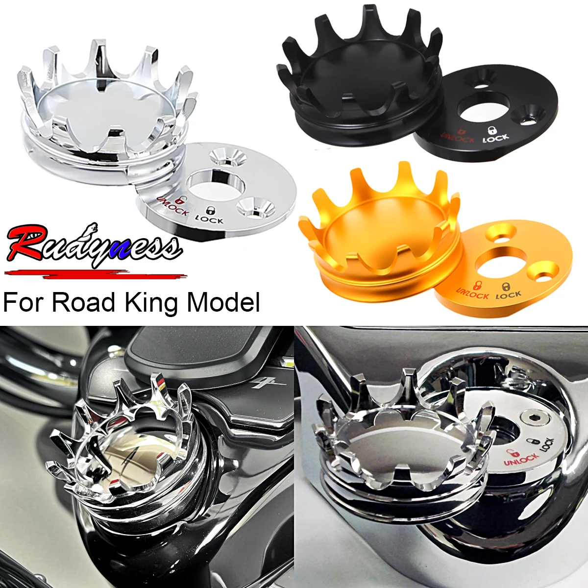 Couvercle en forme de couronne de serrure de fourche de moto, pour modèle Harley Road King 1994 – 2023