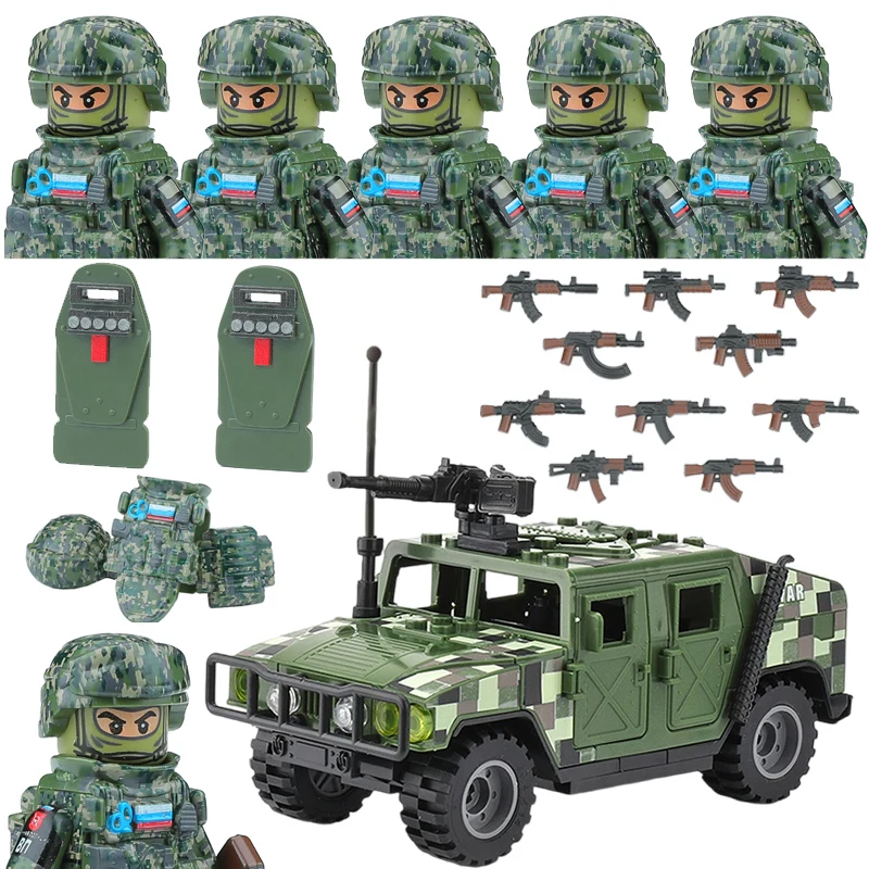 

City Police Russia Commando Special Forces Figures Building Blocks Green Combat Uniform Shield Army Soldier Military Weapon Toys