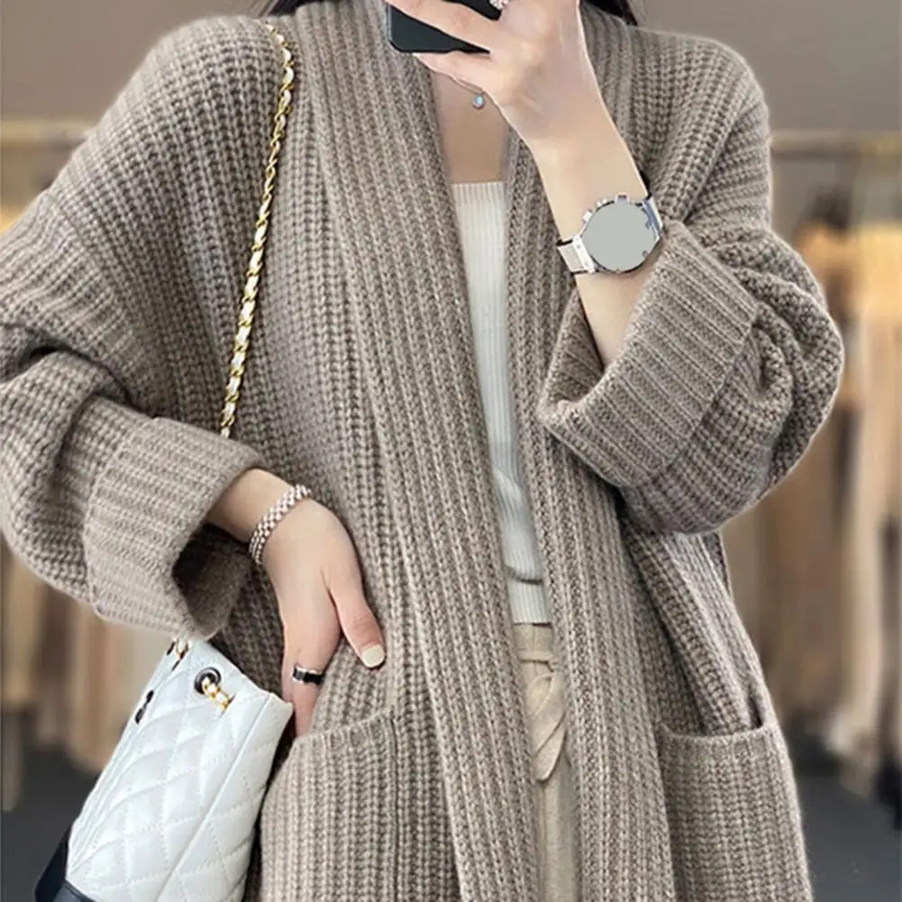 Winter Women Cardigan Sweater Solid Color Open Stitch Knitted Outerwear With Pockets Thick Elastic Long Sleeve Mid Length Coat