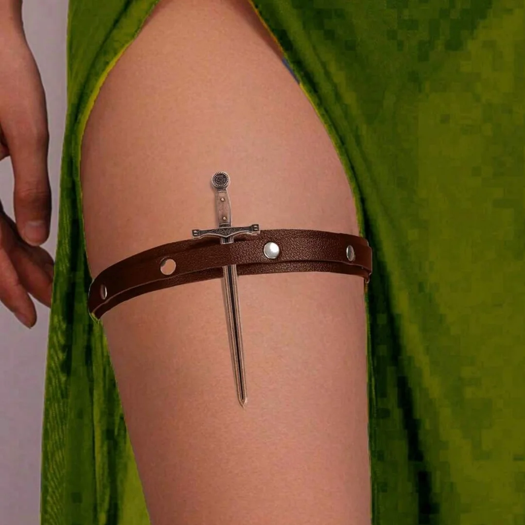 Adereços de perna medieval, 2 peças, couro pu, punk, rebite, leggings, arnês com espada de metal, cinto de adereços de halloween