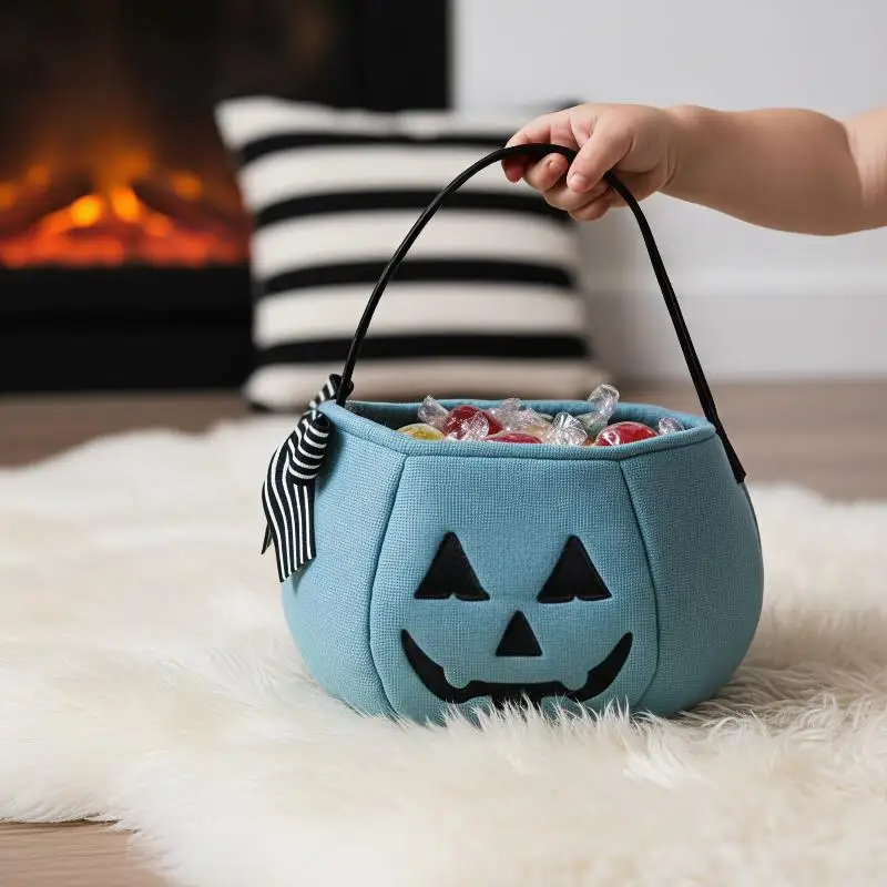 Pumpkin Shaped Halloween Candy Bucket with Soft Bowknot Foldable Reusable Trick Or Treat Tote Bag for Kids Outdoor Activities