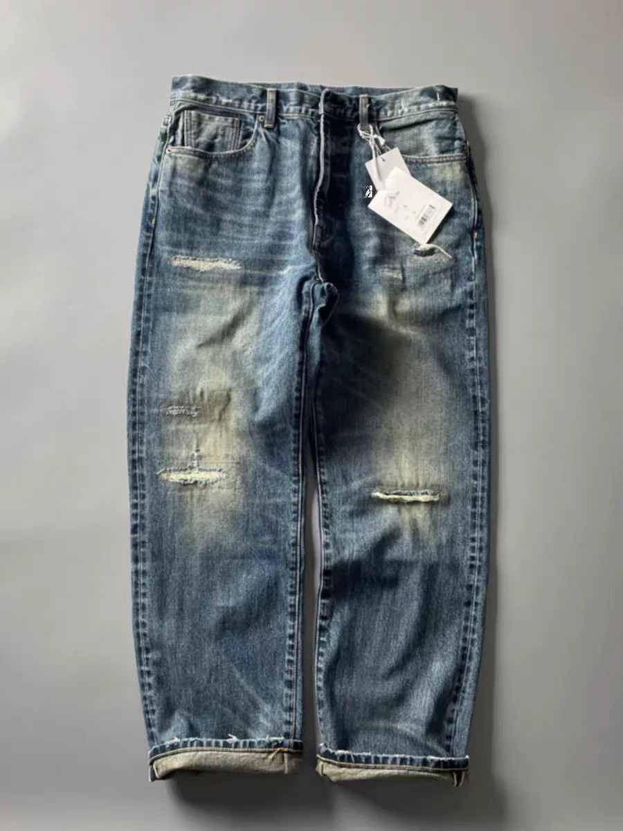 

Ретро джинсы из выцветшего плотного денима свободного кроя с эффектом потертости и пэчворком, молодежные, модные, прямые, для мужчин, осенний сезон