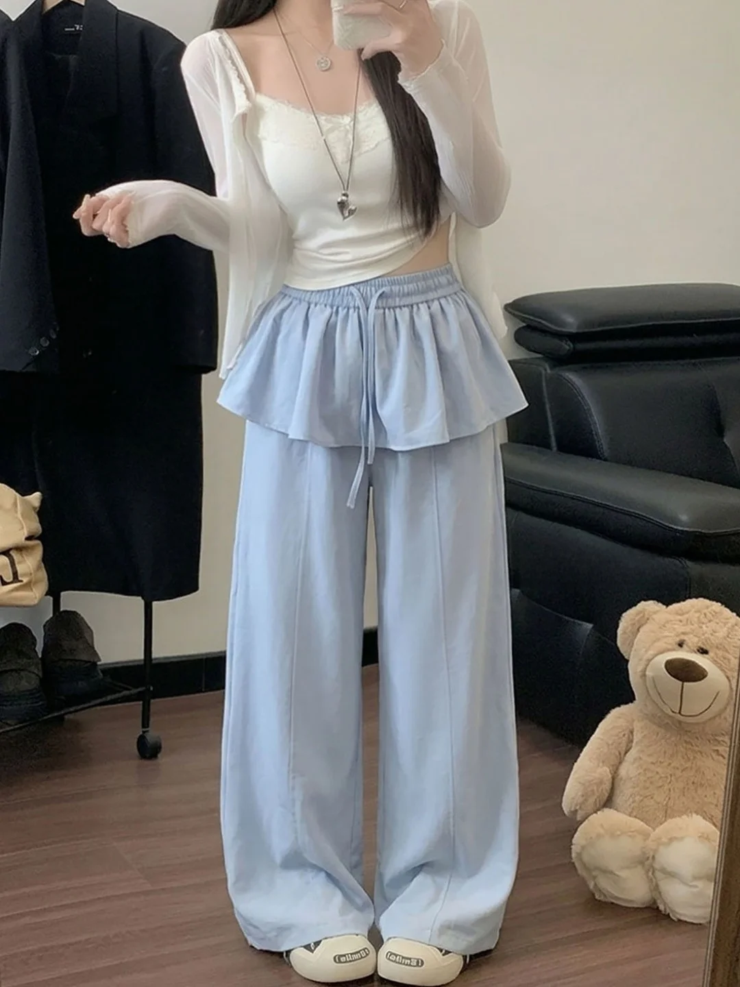 

plus Size Summer Korean Style Casual High Waist Belted Straight Leg Wide Leg Pants Flattering Length Elastic Waist Pants
