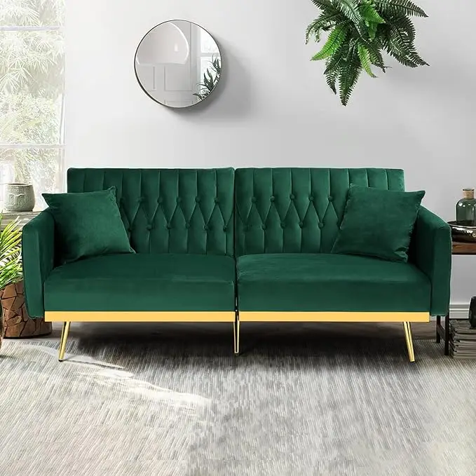 

Velvet Futon Sofa Bed w/Adjustable Backrests and Armrests, Convertible Futon Couch with Two Pillows, Modern Tufted Sleeper Bed