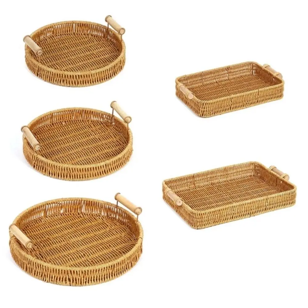 1Pcs Breakfast Bread Food Handwoven Rattan Basket Round Shape Fruit Vegetable Cake Wicker Storage Tray Food Plate With Handle