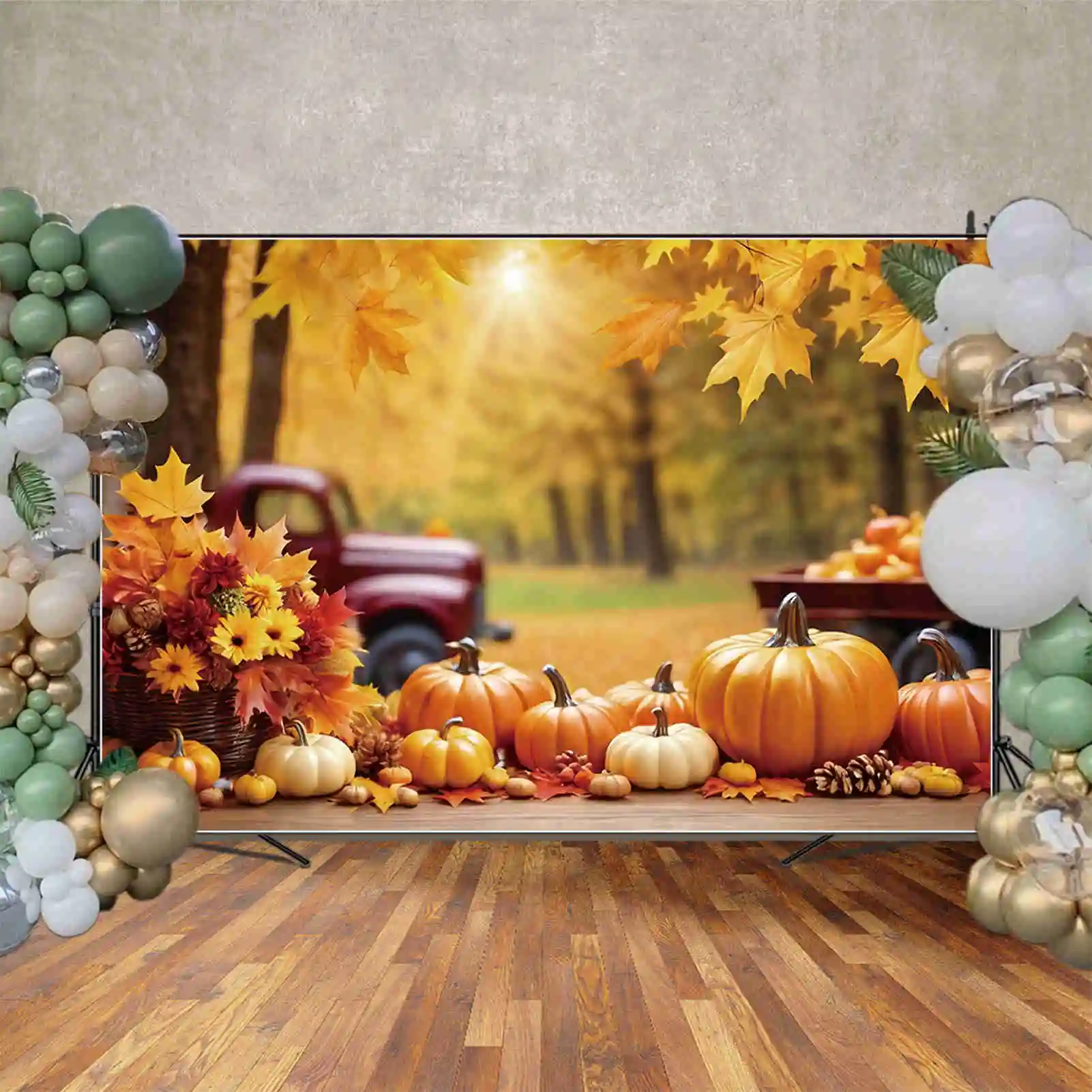 MOON.QG Thanksgiving Autumn Decoration Photograph Backdrop Farm Pumpkin Truck Photo Studio Background for Photoshoot Accessories