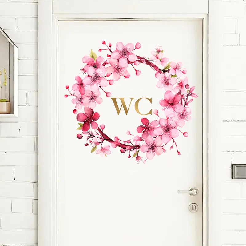 1Pc Soft Pink Cherry Blossom, Gold Letter Wc Toilet Wall Sticker, Self-Adhesive Pvc Decorative Sticker, Suitable for Toilet Seats, Bathroom Glass, Cabinets, Doors and Windows, and Wall Decals, Fun Stickers That Are Both Beautiful and Practical, Easily Create a Warm and Fun Space, a Creative and Thoughtful Gift for Family, Friends, and Loved Ones
