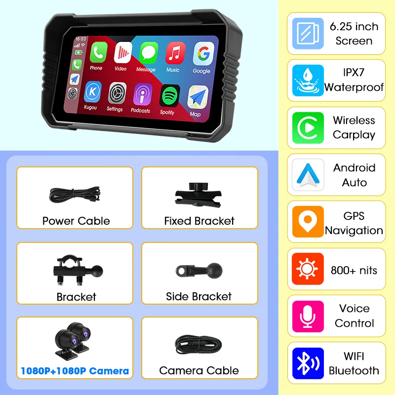 Jansite 6.25 inch 4 K/1080 P Motobike Draadloze Carplay Android Auto Digitale Motorfiets Dashboard GPS Navigatie Moto accessoires