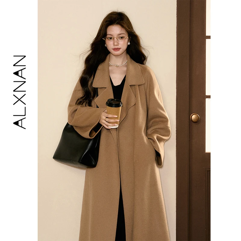 ALXNAN Women's Belted Long Wool Coat Minimal Elegant Camel Lapel Collar Self Tie Wais Outerwear Warm Fall Winter Overcoat L58160